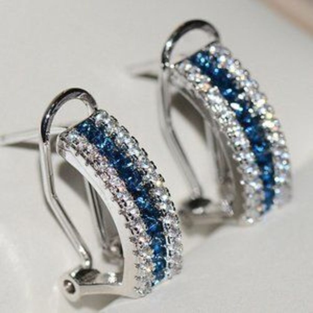 18K White Gold Blue White Diamond Omega Studs
